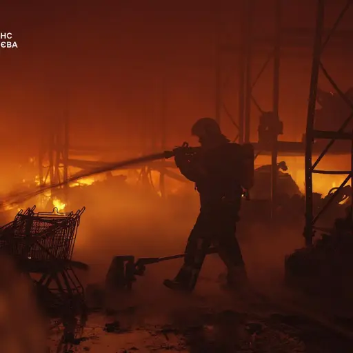 Equipos de rescate tratan de sofocar un incendio tras un ataque ruso con drones en un almacen en Kiev, el 12 de abril de 2025 , EFE/EPA/SERVICIO DE EMERGENCIA DEL ESTADO DE UCRANIA MANUAL USO EDITORIAL SOLAMENTE/SIN VENTAS