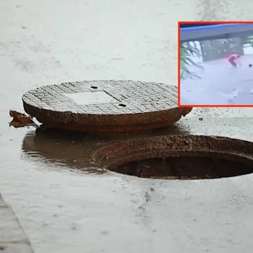 ecinos rescatan a niña que fue absorbida por una alcantarilla. ,Redes sociales