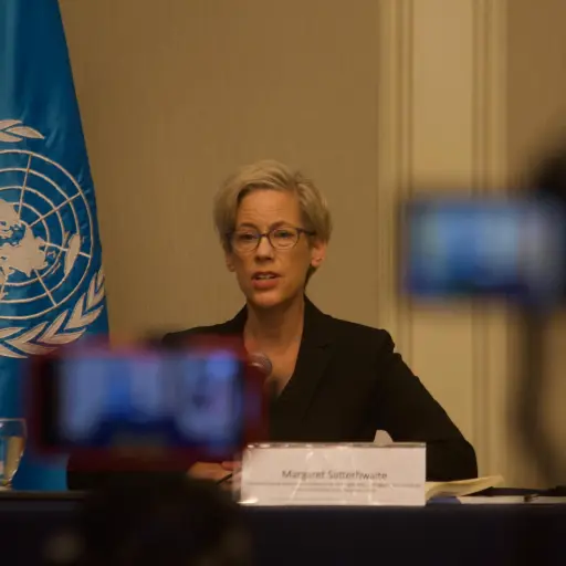 La relatora de la ONU, Margaret Satterthwaite, expone resultados de su visita a Guatemala. ,Omar Solís/Emisoras Unidas