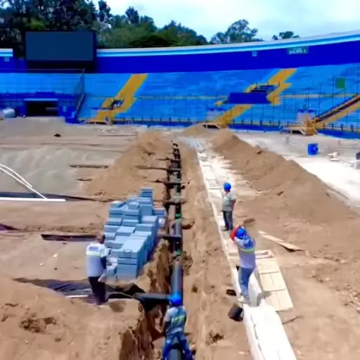 Parte de la instalación del drenaje en el estadio Nacional Doroteo Guamuch Flores