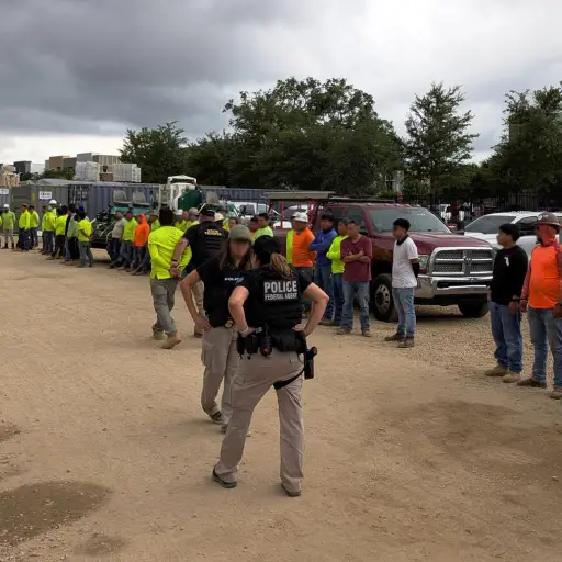 Integrantes de la policía federal durante el arresto de más de 100 inmigrantes indocumentados en un sitio de construcción en Tallahassee, Florida (EE.UU.) ,EFE/HSI Tampa