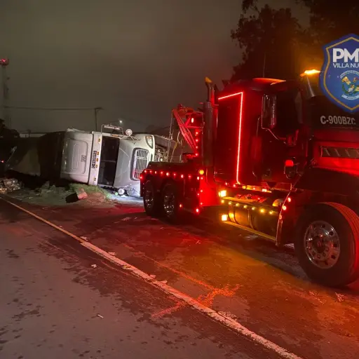 El tráiler quedó completamente volcado. ,PMT de Villa Nueva
