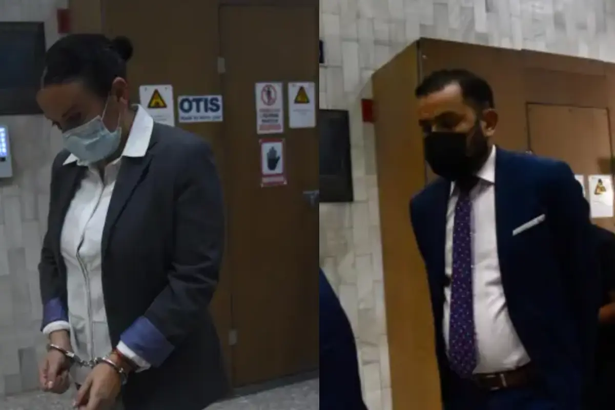 Juan Ortiz y María Gudiel, señalados en el caso Claudina Velásquez, tras salir de la sala donde se llevó a cabo la audiencia de primera declaración., 