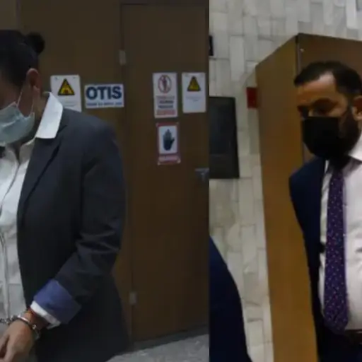 Juan Ortiz y María Gudiel, señalados en el caso Claudina Velásquez, tras salir de la sala donde se llevó a cabo la audiencia de primera declaración. ,