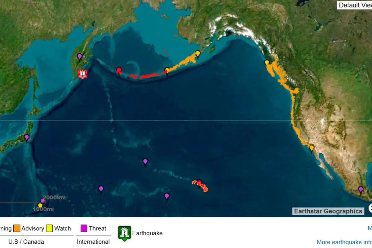 Imagen cedida por el Servicio Meteorológico Nacional (NOAA) de los Estados Unidos y su Sistema de Alerta de Tsunamis que muestra el punto origen del terremoto de magnitud 8,8 este martes, en la península rusa de Kamchatka (Rusia) y las posibles áreas d,  EFE/ NOAA
