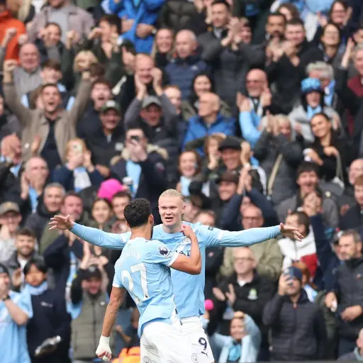 El delantero noruego Erling Haaland, del Manchester City, celebra 1-0 durante el partido de la Premier League que han jugado Manchester City FC y Everton FC en Manchester, Reino Unido , EFE/EPA/ADAM VAUGHAN