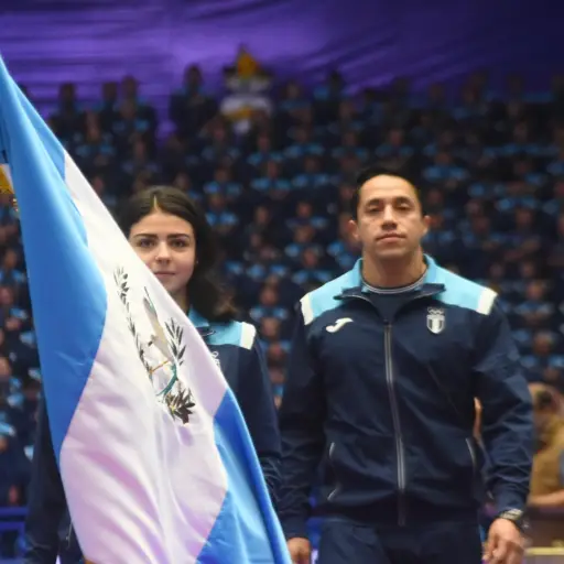 María Alejandra Higueros y Allan Maldonado portan orgullosamente la bandera de Guatemala 