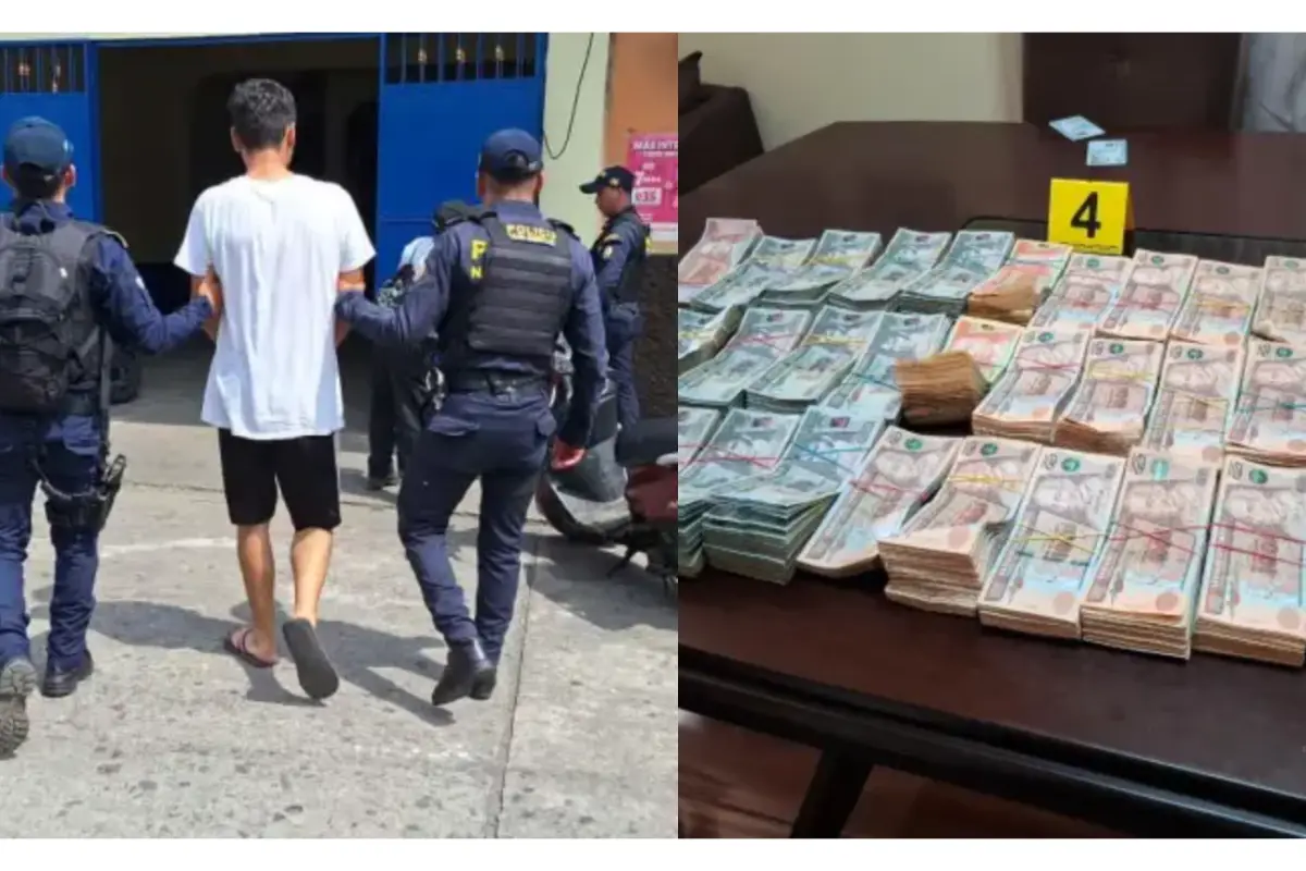 Uno de los detenidos y el dinero decomisado en el operativo contra el lavado y narcomenudeo.,