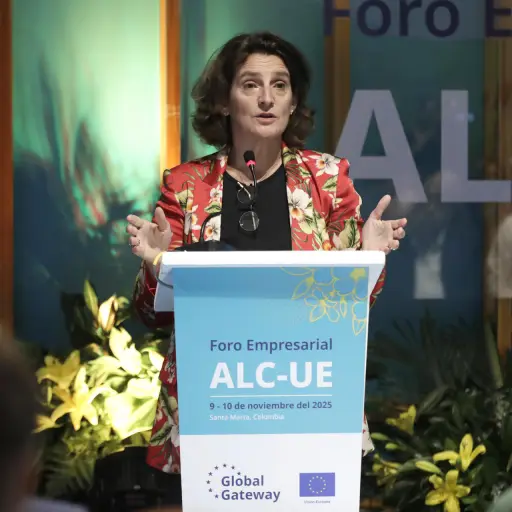 La vicepresidenta para una Transición Limpia, Justa y Competitiva de la Comisión Europea, Teresa Ribera, habla este lunes, en Santa Marta (Colombia) , EFE/ Carlos Ortega