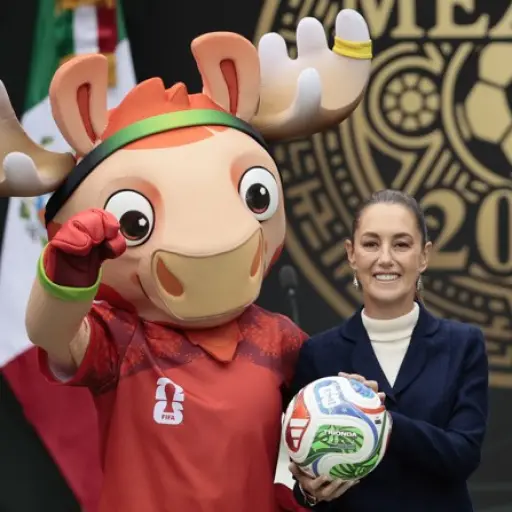 La presidenta de México Claudia Sheibaum posa con las mascotas de la Copa Mundial de la FIFA 2026. 