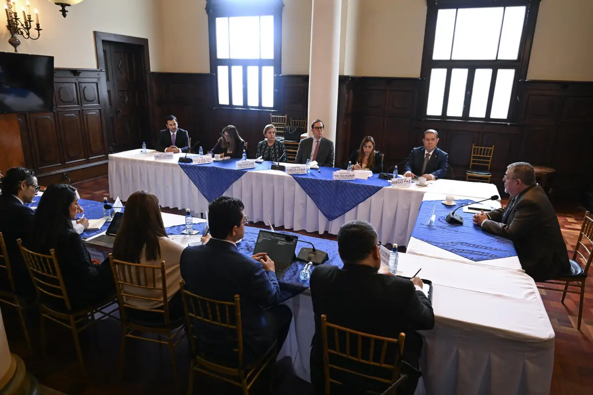 El presidente Bernardo Arévalo hablando junto a los integrantes de la delegación de la Misión para el Fortalecimiento de la Democracia en Guatemala de la OEA., EFE/Presidencia de Guatemala