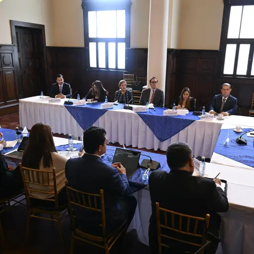 El presidente Bernardo Arévalo hablando junto a los integrantes de la delegación de la Misión para el Fortalecimiento de la Democracia en Guatemala de la OEA. ,EFE/Presidencia de Guatemala