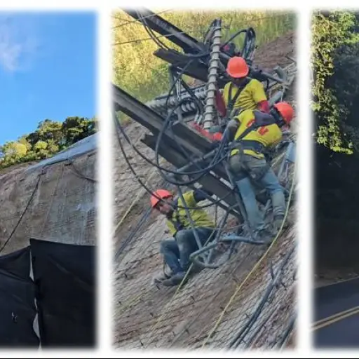 Trabajos en el área del derrumbe en el km. 11.5 de la ruta entre Boca del Monte y la capital. ,PMT de Villa Canales