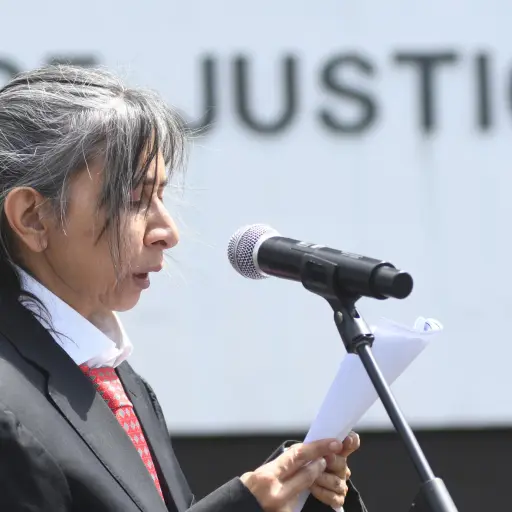 La artista Regina José Galindo habla durante una representación titulada 'Me siento libre' en apoyo al periodista José Ruben Zamora este jueves, frente al Palacio de Justicia, en Ciudad de Guatemala (Guatemala) , EFE/ Alex Cruz
