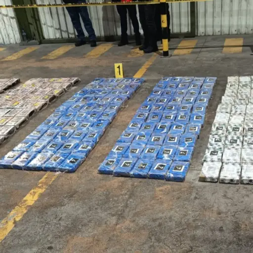 Las autoridades confirmaron el hallazgo de 292 paquetes con posible cocaína en un contenedor durante una inspección en el Puerto San José, Escuintla. ,PNC