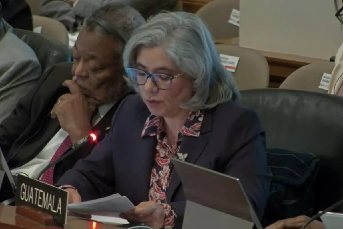 Claudia Escobar, representante permanente de Guatemala ante la OEA, expone el proyecto de declaración en apoyo a la democracia., OEA