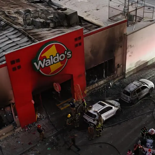 Fotografía aérea de bomberos controlando un incendio en una tienda comercial este sábado, en la ciudad de Hermosillo en Sonora (México) , EFE/Daniel Sánchez