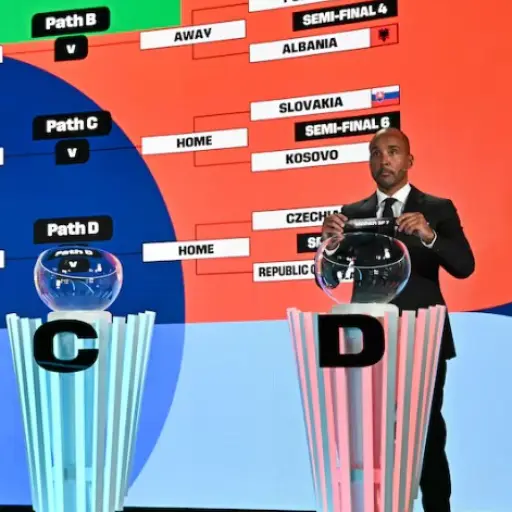 Momento en el sorteo de la repesca mundialista en la UEFA 