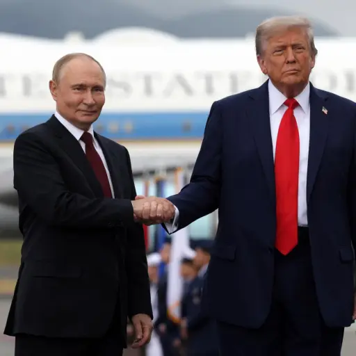 El presidente de Estados Unidos, Donald Trump (D), recibe al presidente de Rusia, Vladimir Putin, durante su encuentro para negociar en la Base Conjunta Elmendorf-Richardson en Anchorage, Alaska, EE , UU