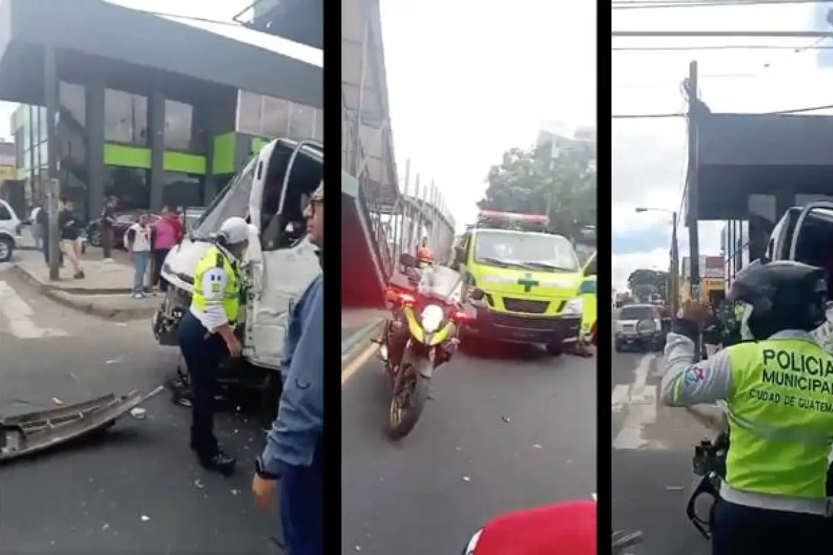 El vehículo impactó contra las bases de la pasarela en la calzada Aguilar Batres, zona 12., PMT capitalina/Montejo