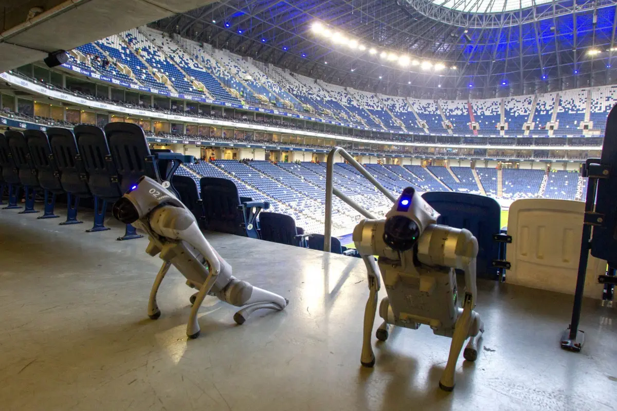 Dos perros robot en el estadio donde se jugó el Monterrey vs. Xelajú 