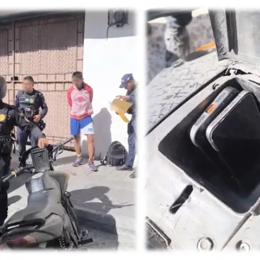 El sospechoso al momento de ser detenido en la zona 1 y parte de los artículos que le fueron decomisados. ,PNC