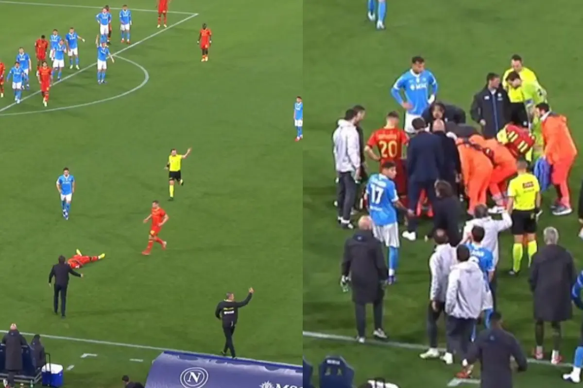 Lameck Banda es atendido durante el duelo Nápoles vs. Lecce