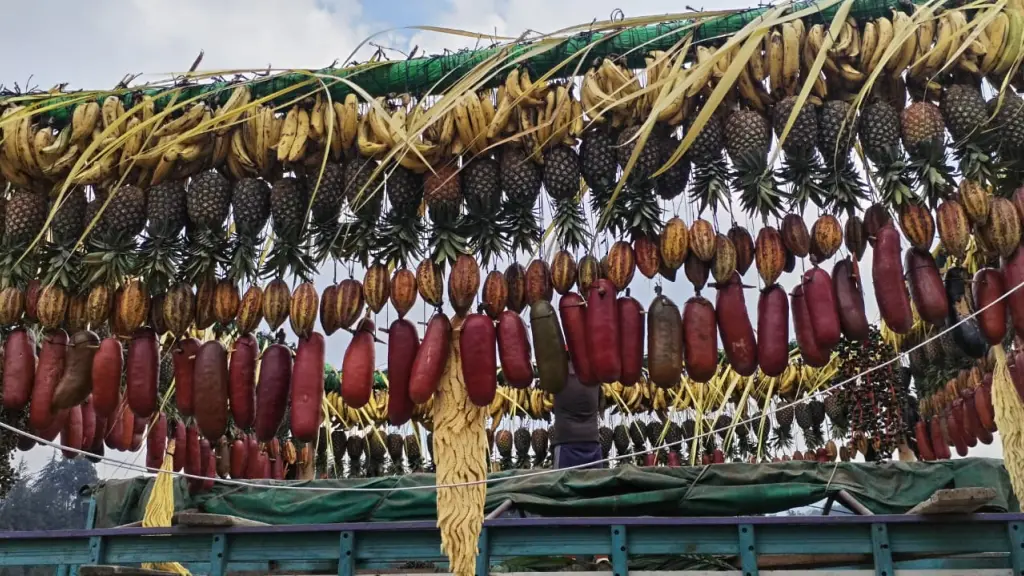 Arcos de hoja de pacaya, corozo y frutas ,Foto Emisoras Unidas Xela