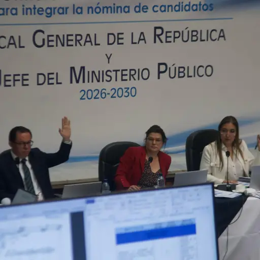Patricia Gámez, presidenta del Colegio de Abogados, y otros comisionados al momento de votar sobre la calificación de la fiscal general, Consuelo Porras, en la sesión del jueves, 16 de abril. La abogada no respaldó la nota de 92.33 puntos para la jefa ,Omar Solís/Emisoras Unidas