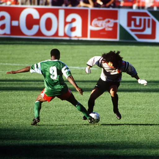 Roger Milla y René Higuita disputan un balón en el Camerún vs. Colombia en 1990 - FIFA