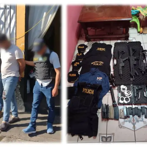 Personas detenidas y artículos decomisados durante el operativo contra extorsiones. ,Ministerio Público