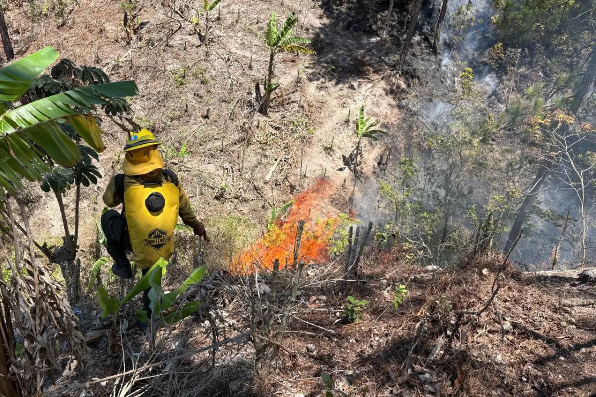 Expertos combaten un incendio en la aldea El Palmar, de Olopa, Chiquimula., Conred