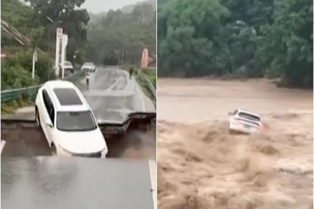 El momento en que un auto cae a un río tras ceder un puente en China., Captura de pantalla video de X.