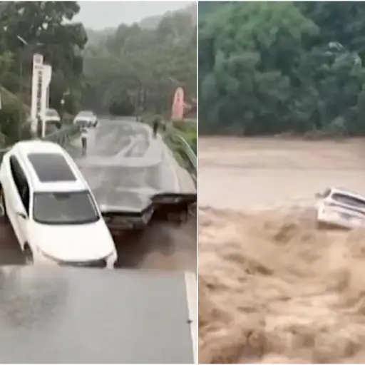 El momento en que un auto cae a un río tras ceder un puente en China. ,Captura de pantalla video de X.