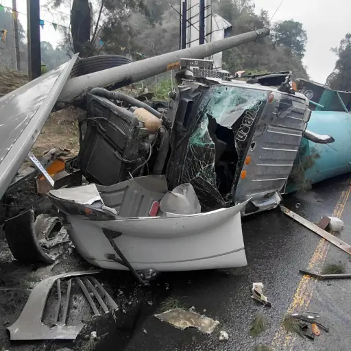 Un vehículo del transporte pesado derribó un poste del tendido eléctrico y una valla publicitaria. ,Foto Bomberos Municipales