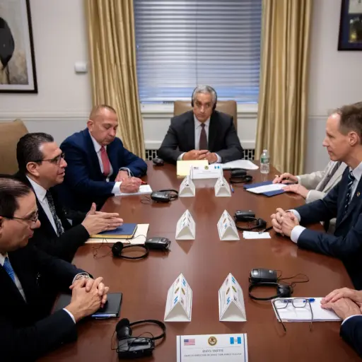 Reunión entre el fiscal general, Gabriel García Luna; y el ministro de Gobernación de Guatemala, Marco Villeda, con delegados del Departamento de Justicia de los Estados Unidos. ,.
