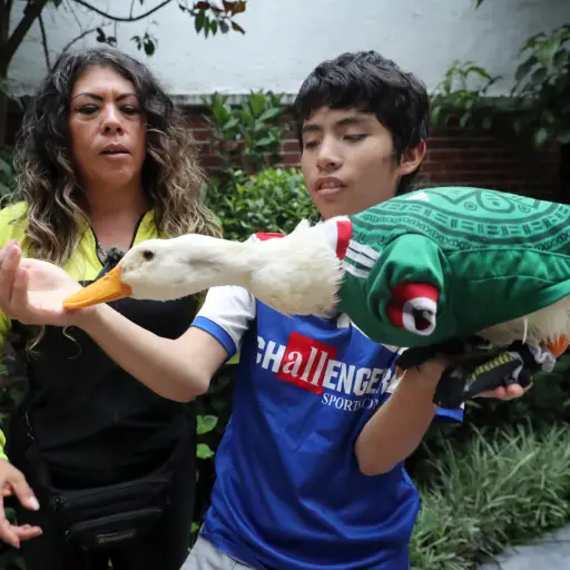 Karla Gómez y su hijo Cristian posando con su pato Merlín. ,EFE