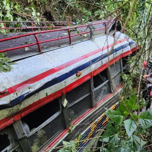 La unidad de transporte quedó en el fondo del barranco tras los trabajos de rescate. ,Bomberos Voluntarios.
