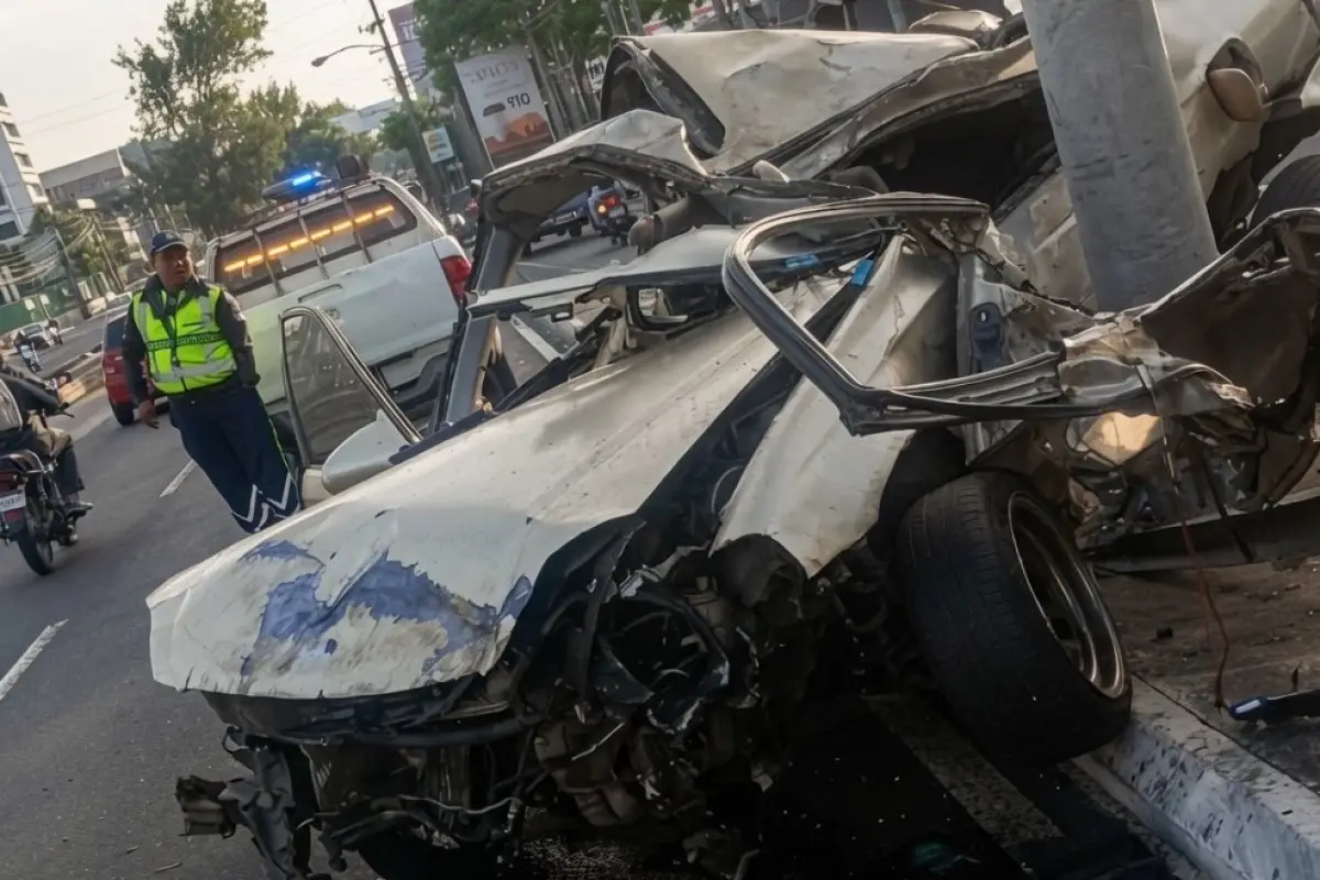 El vehículo quedó empotrado en un poste de la zona 12., PMT capitalina/Montejo