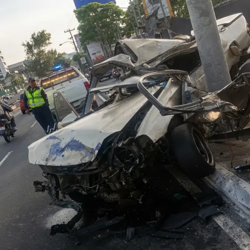 El vehículo quedó empotrado en un poste de la zona 12. ,PMT capitalina/Montejo