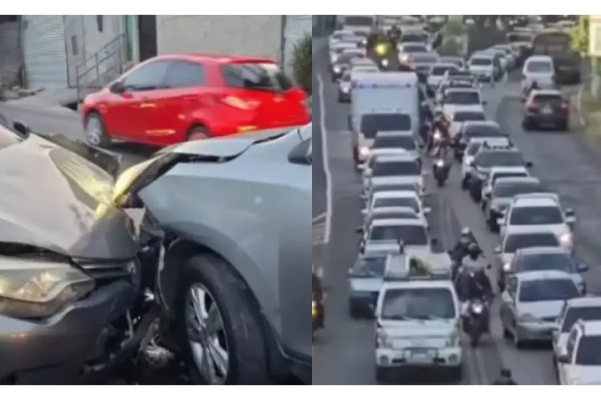 Colisión vehicular complica el tránsito en San Miguel Petapa el lunes 24 de agosto de 2026.,