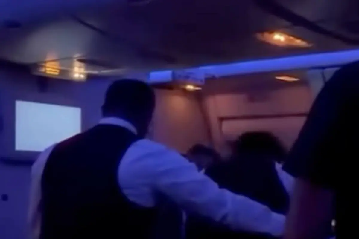 Pasajeros son asegurados a sus asientos tras protagonizar altercado durante vuelo de 14 horas., Captura de pantalla video de Instagram.