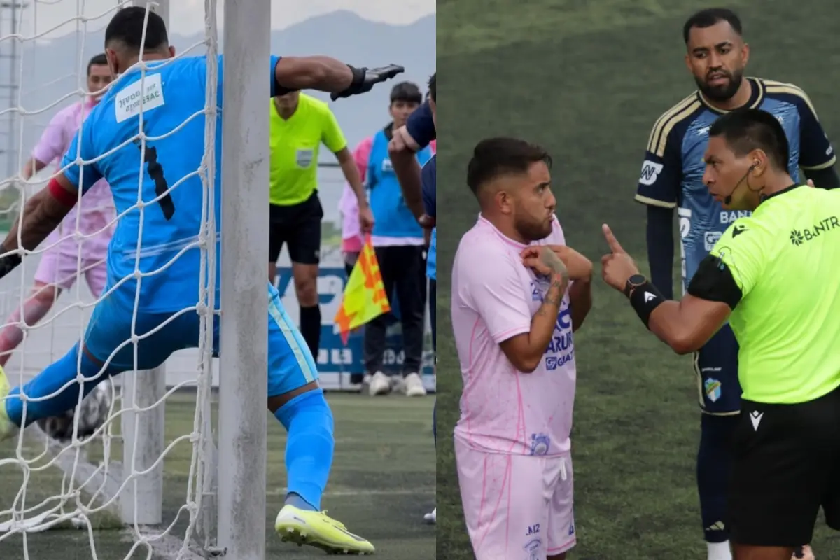 Momento donde Fredy Pérez saca el balón que ya superó la línea de gol 