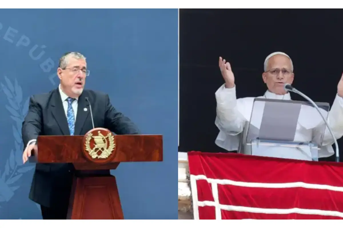 El presidente Bernardo Arévalo en la imagen de la izquierda y el Papa León XIV en la de la derecha., 