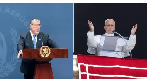 El presidente Bernardo Arévalo en la imagen de la izquierda y el Papa León XIV en la de la derecha. ,