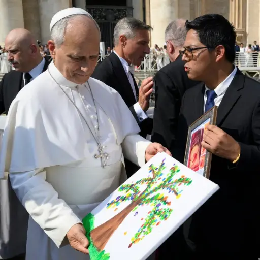 Papa León XIV recibe pintura creada por niños guatemaltecos. ,Foto Cortesía