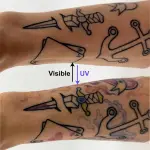 Tatuaje en el brazo antes y después de la activación con luz , Crédito: Matter & Light, Bruns et al