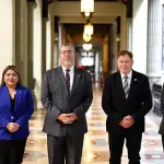 Presidente del OJ, Jenny Noemy Alvarado; Presidente de la República, Bernardo Arévalo; Presidente del Congreso de la República, Luis Contreras; y la Presidente de la CC Annabella Morfín. ,Foto OJ