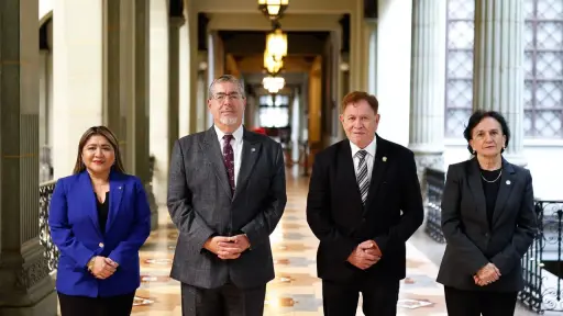 Presidente del OJ, Jenny Noemy Alvarado; Presidente de la República, Bernardo Arévalo; Presidente del Congreso de la República, Luis Contreras; y la Presidente de la CC Annabella Morfín. ,Foto OJ