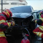 Los bomberos lograron controlar las llamas que consumían el vehículo en la zona 8. ,Bomberos Municipales